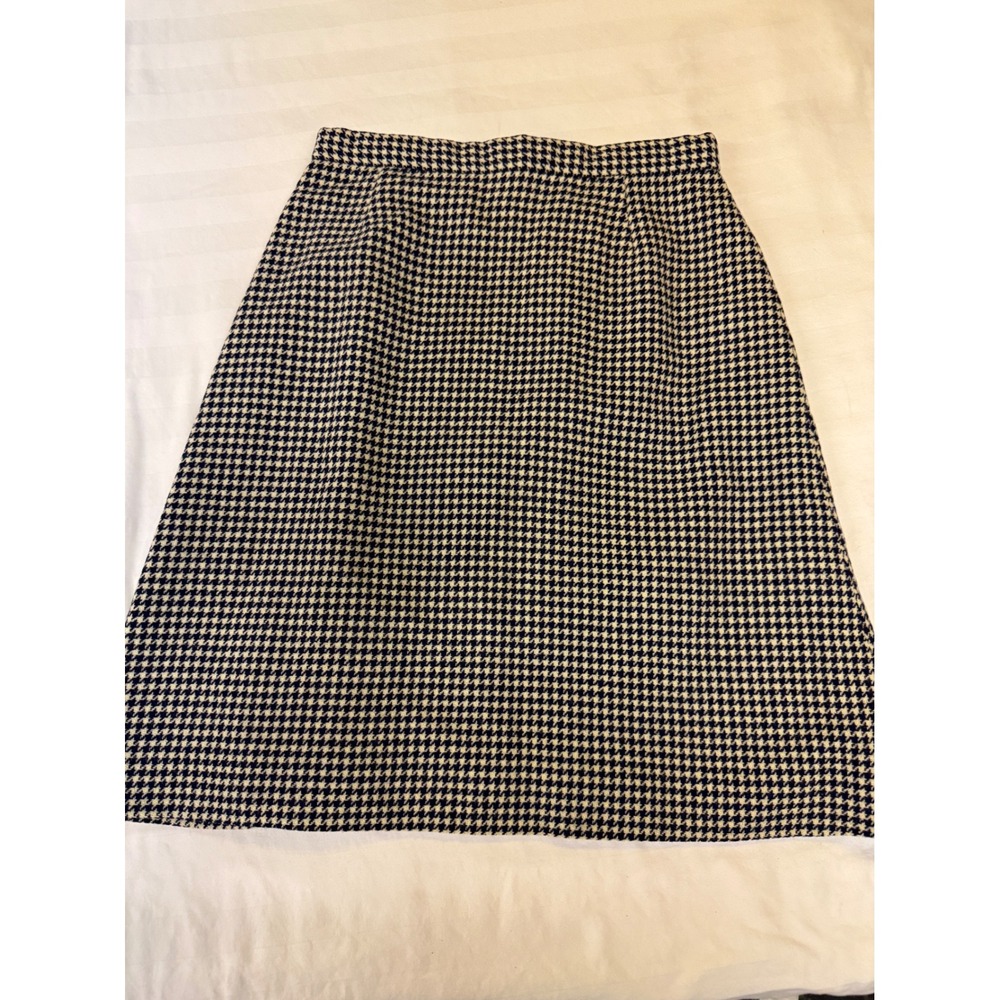 Vintage 60s 70s Houndstooth A-Line Skirt Navy Blue Cream Mini Knee Length